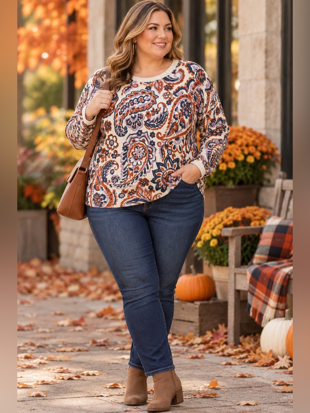 Croft & Barrow 3X Paisley Pullover Sweater Cream Rust Navy Boho Plus Size